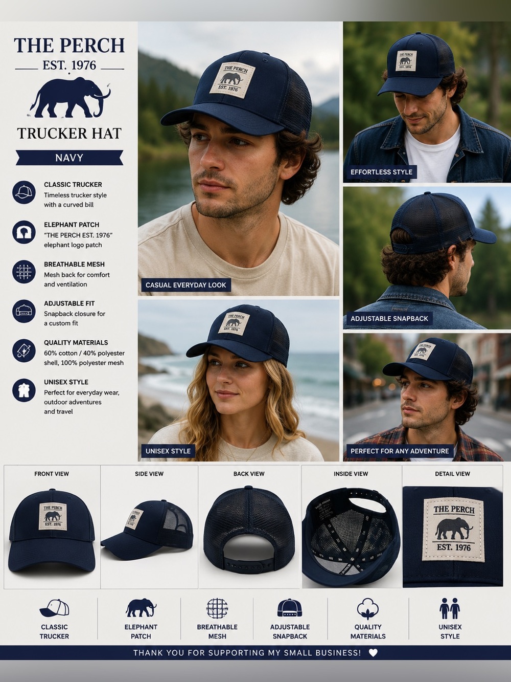 The Perch Est 1976 Elephant Trucker Hat Navy Mesh Snapback Baseball Cap